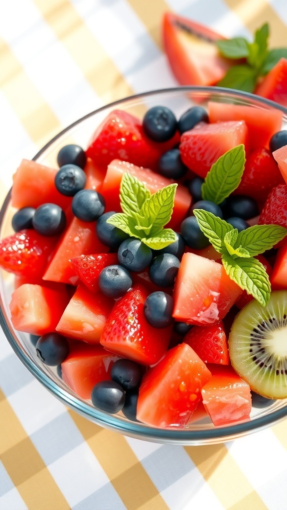A colorful fruit salad with watermelon, strawberries, blueberries, and kiwi, garnished with mint leaves.